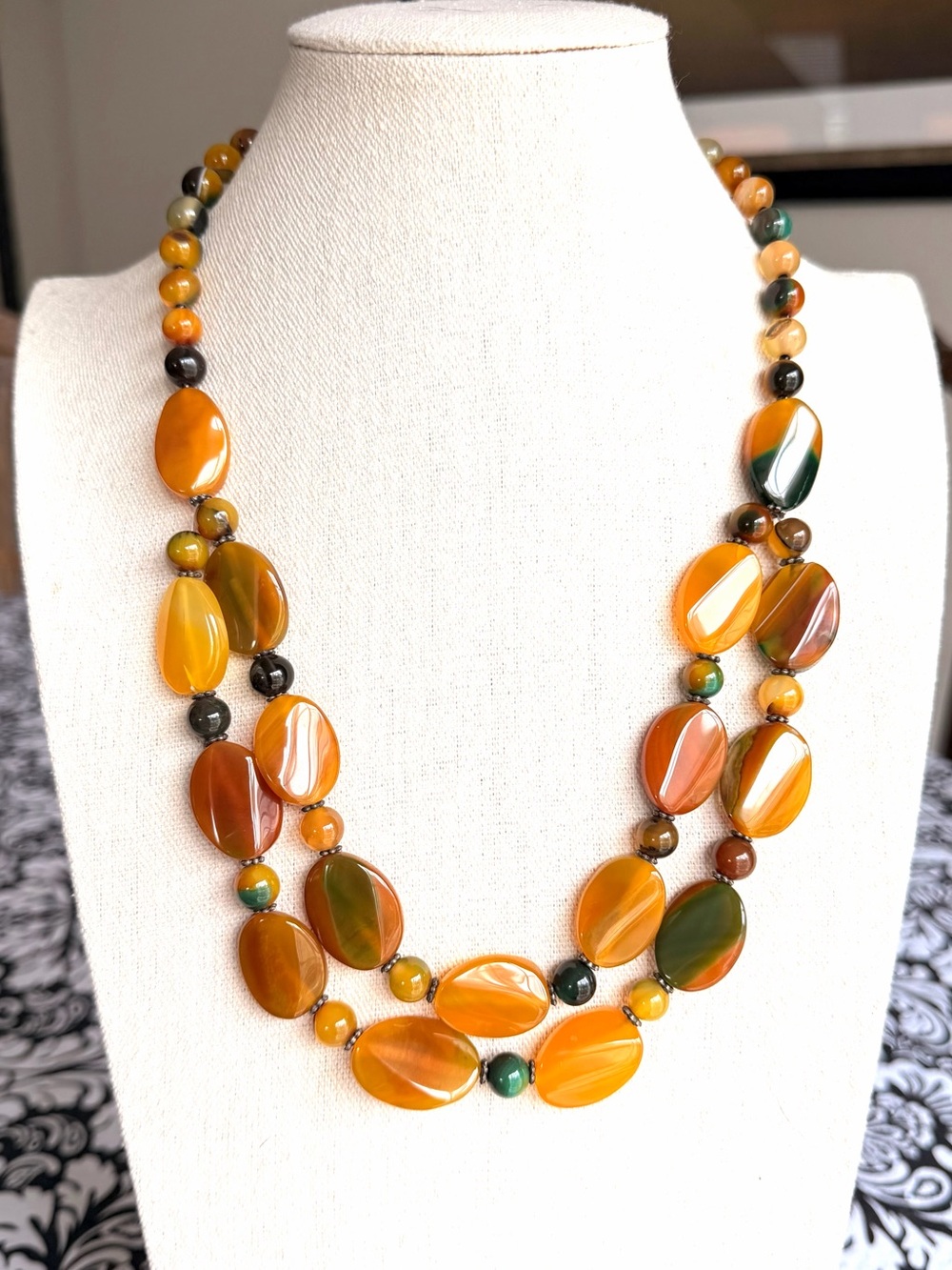 Natural Stone Double Strand Necklace Banded Agate Fall Colors Rhinestone Clasp